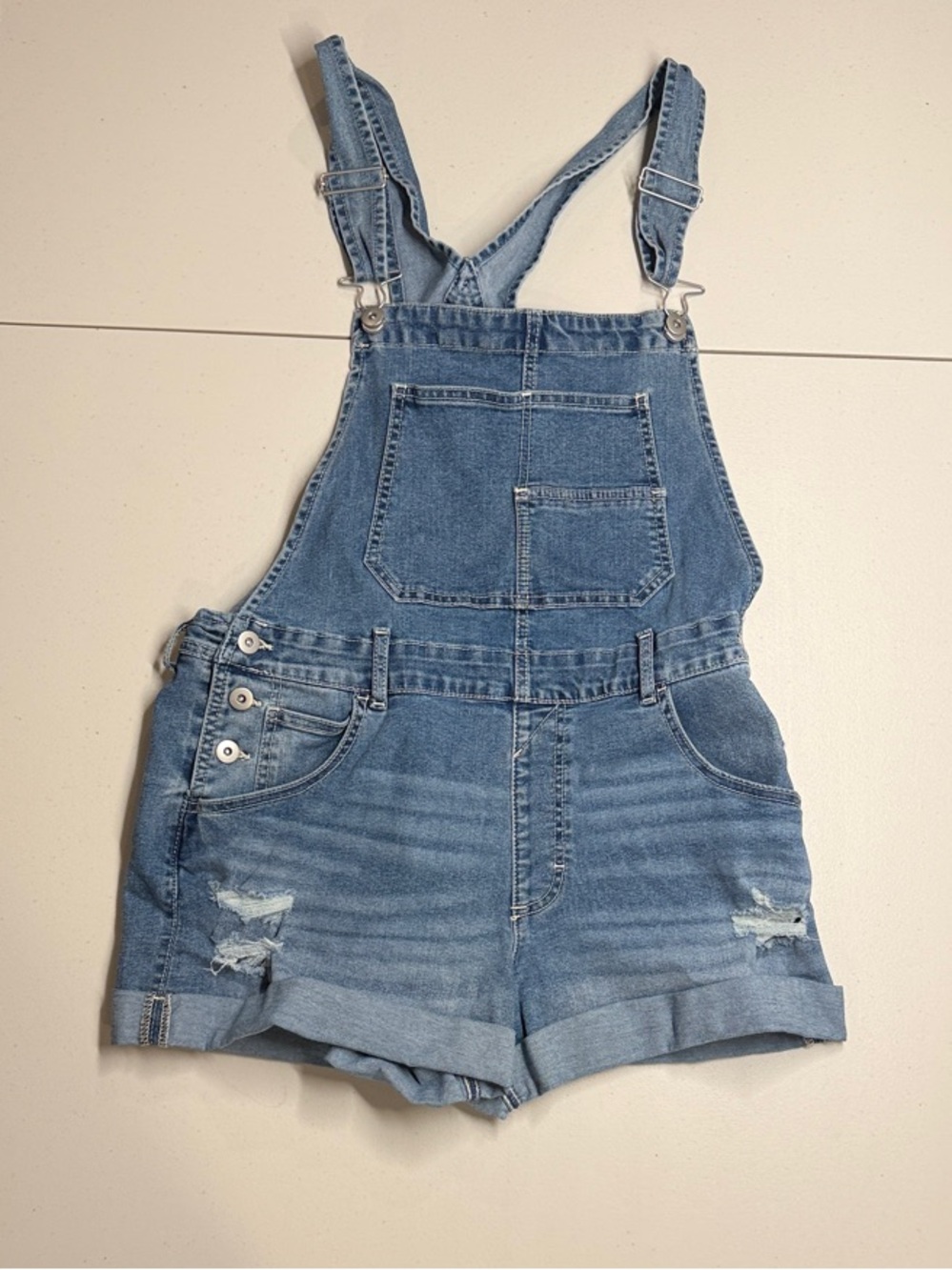 No Boundaries Light Blue Denim Short Overalls with Front Pocket